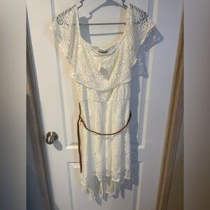 Almost Famous juniors plus off shoulder high low off white lace dress.